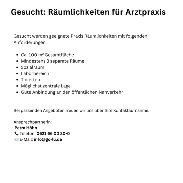 Gesucht: Räumlichkeiten für Arztpraxis
